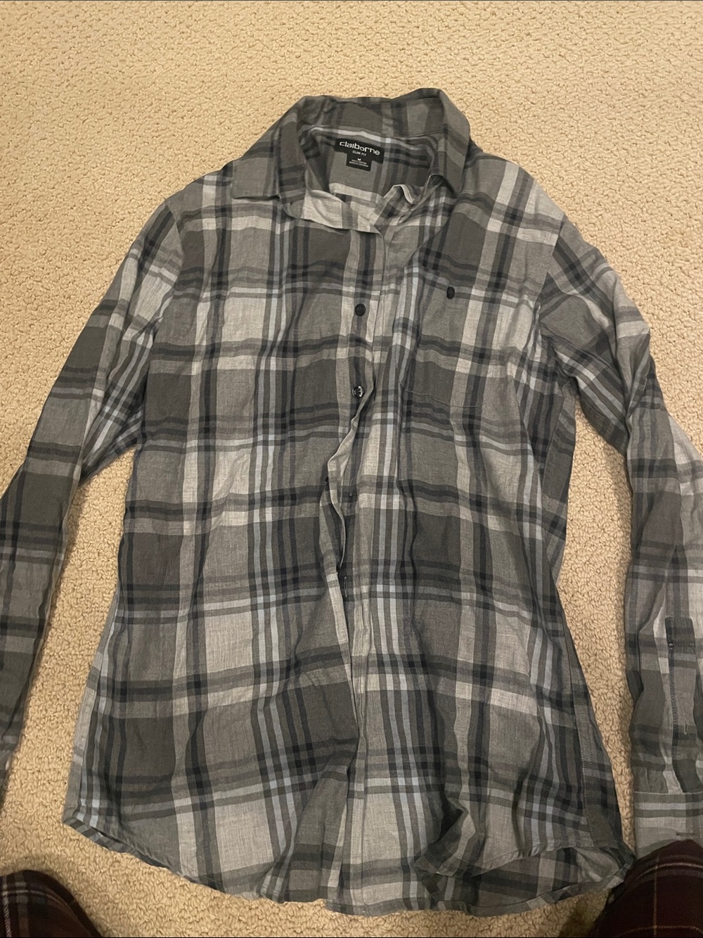 Claiborne Men's Gray and Black Plaid Button-Down Shirt